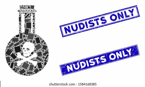 Mosaic poison icon and rectangular Nudists Only rubber prints. Flat vector poison mosaic icon of random rotated rectangular elements. Blue Nudists Only rubber seals with distress textures.