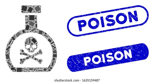 Mosaic poison retort and grunge stamp seals with Poison caption. Mosaic vector poison retort is created with scattered rectangle items. Poison stamp seals use blue color,