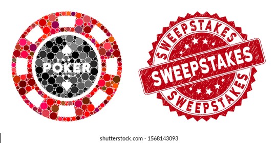 Mosaic Poker Casino Chip And Corroded Stamp Seal With Sweepstakes Caption. Mosaic Vector Is Created With Poker Casino Chip Icon And With Randomized Spheric Spots. Sweepstakes Seal Uses Red Color,