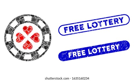Mosaic poker casino chip and distressed stamp seals with Free Lottery caption. Mosaic vector poker casino chip is created with randomized rectangle items. Free Lottery stamp seals use blue color,