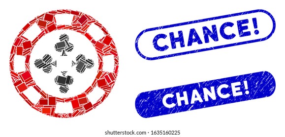Mosaic poker casino chip and grunge stamp seals with Chance! phrase. Mosaic vector poker casino chip is designed with random rectangles. Chance! stamp seals use blue color,