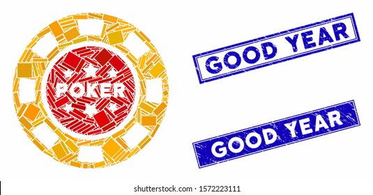 Mosaic poker casino chip icon and rectangle Good Year stamps. Flat vector poker casino chip mosaic icon of randomized rotated rectangular items. Blue Good Year stamps with grunge surface.