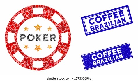 Mosaic poker casino chip icon and rectangular Coffee Brazilian seal stamps. Flat vector poker casino chip mosaic icon of random rotated rectangular elements.