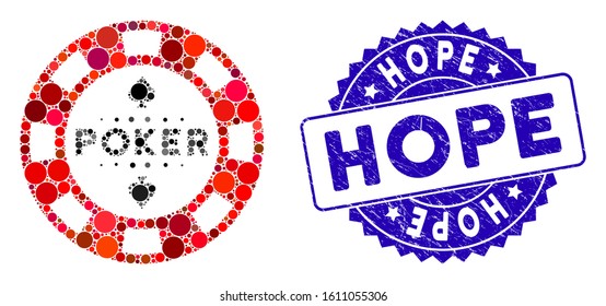 Mosaic poker casino chip icon and grunge stamp seal with Hope caption. Mosaic vector is composed with poker casino chip icon and with randomized round items. Hope stamp seal uses blue color,