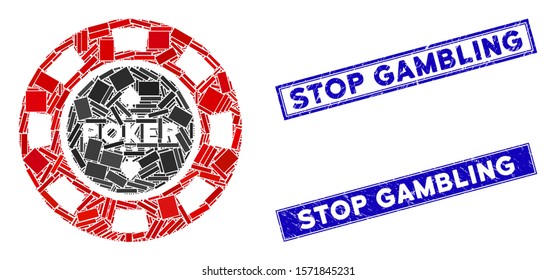 Mosaic poker casino chip pictogram and rectangle Stop Gambling seals. Flat vector poker casino chip mosaic pictogram of random rotated rectangle elements.