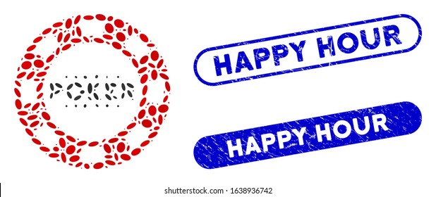 Mosaic poker casino chip and rubber stamp seals with Happy Hour text. Mosaic vector poker casino chip is composed with randomized elliptic parts. Happy Hour stamp seals use blue color,