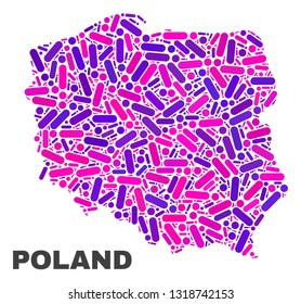 Mosaic Poland map isolated on a white background. Vector geographic abstraction in pink and violet colors. Mosaic of Poland map combined of scattered circle dots and lines.