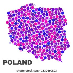 Mosaic Poland map isolated on a white background. Vector geographic abstraction in pink and violet colors. Mosaic of Poland map combined of scattered spheric points.