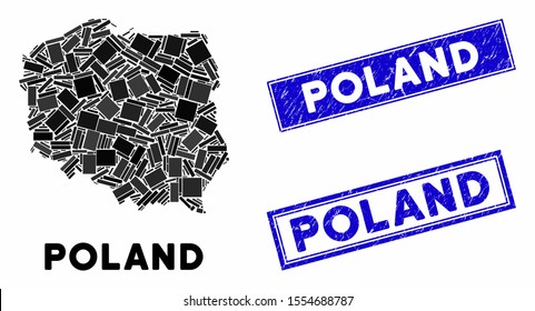 Mosaic Poland map and rectangle seal stamps. Flat vector Poland map mosaic of random rotated rectangular elements. Blue caption seal stamps with dirty textures.