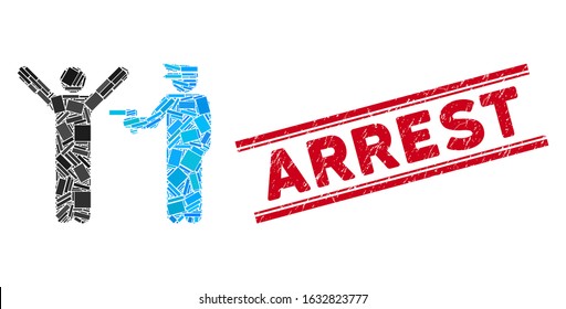 Mosaic police arrest icon and red Arrest seal between double parallel lines. Flat vector police arrest mosaic icon of random rotated rectangular elements. Red Arrest seal with dirty textures.