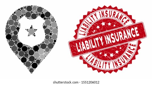 Mosaic police guard marker and corroded stamp seal with Liability Insurance text. Mosaic vector is composed with police guard marker icon and with scattered circle items.
