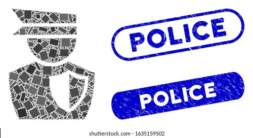 Mosaic police man and grunge stamp watermarks with Police phrase. Mosaic vector police man is designed with random rectangle items. Police stamp seals use blue color, and have round rectangle shape.