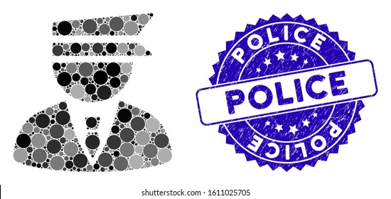 Mosaic police officer icon and grunge stamp seal with Police text. Mosaic vector is formed from police officer pictogram and with random round items. Police stamp seal uses blue color,