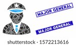 Mosaic police officer icon and rectangle Major General seals. Flat vector police officer mosaic icon of randomized rotated rectangle items. Blue Major General rubber seals with scratched textures.