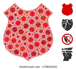 Mosaic police shield composed of SARS virus icons in various sizes and color hues. Vector pathogen items are composed into abstract collage police shield icon. Some bonus icons are added.