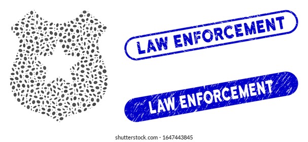 Mosaic police shield and distressed stamp seals with Law Enforcement text. Mosaic vector police shield is designed with randomized ellipse pieces. Law Enforcement stamp seals use blue color,