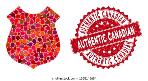 Mosaic police shield and rubber stamp watermark with Authentic Canadian phrase. Mosaic vector is designed with police shield icon and with random circle spots. Authentic Canadian stamp uses red color,