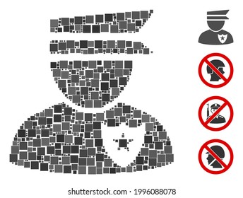 Mosaic Policeman icon organized from square elements in various sizes and color hues. Vector square elements are grouped into abstract illustration policeman icon. Bonus icons are added.