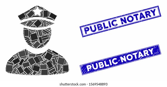 Mosaic policeman icon and rectangle stamps. Flat vector policeman mosaic icon of random rotated rectangle elements. Blue caption rubber stamps with grunged textures.