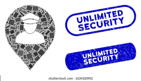 Mosaic policeman map marker and distressed stamp seals with Unlimited Security caption. Mosaic vector policeman map marker is created with scattered rectangle items.