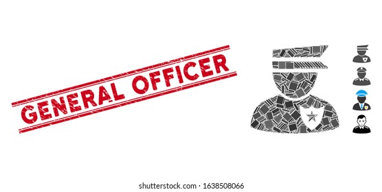Mosaic policeman pictogram and red General Officer seal stamp between double parallel lines. Flat vector policeman mosaic pictogram of random rotated rectangular items.