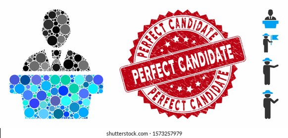 Mosaic politician icon and distressed stamp seal with Perfect Candidate caption. Mosaic vector is formed with politician icon and with scattered round elements. Perfect Candidate seal uses red color,