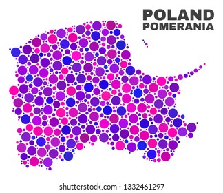 Mosaic Pomeranian Voivodeship map isolated on a white background. Vector geographic abstraction in pink and violet colors. Mosaic of Pomeranian Voivodeship map combined of random round items.