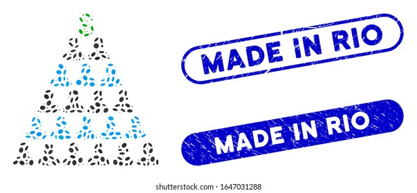 Mosaic Ponzi pyramid scheme and corroded stamp seals with Made in Rio caption. Mosaic vector Ponzi pyramid scheme is designed with randomized ellipse dots. Made in Rio stamp seals use blue color,