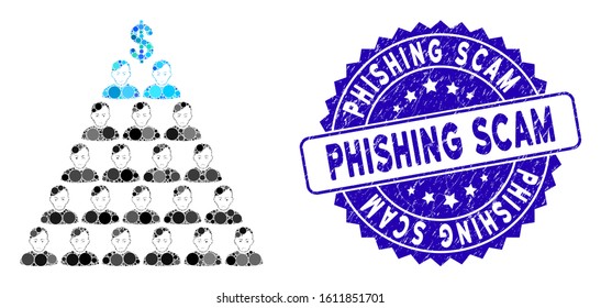 Mosaic Ponzi pyramid scheme icon and distressed stamp seal with Phishing Scam caption. Mosaic vector is created with Ponzi pyramid scheme icon and with scattered spheric spots.