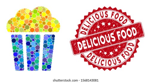 Mosaic popcorn bucket and grunge stamp seal with Delicious Food caption. Mosaic vector is composed from popcorn bucket icon and with randomized spheric elements.