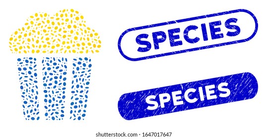 Mosaic popcorn bucket and grunge stamp watermarks with Species text. Mosaic vector popcorn bucket is formed with randomized ellipse dots. Species stamp seals use blue color,