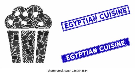 Mosaic popcorn bucket icon and rectangle seal stamps. Flat vector popcorn bucket mosaic icon of randomized rotated rectangle items. Blue caption stamps with rubber textures.