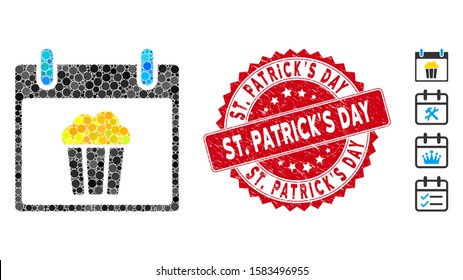 Mosaic popcorn calendar day icon and grunge stamp seal with St. Patrick'S Day text. Mosaic vector is designed with popcorn calendar day pictogram and with randomized spheric items. St.