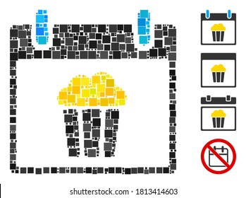 Mosaic Popcorn calendar day icon composed of square items in variable sizes and color hues. Vector square items are composed into abstract mosaic popcorn calendar day icon. Bonus icons are added.