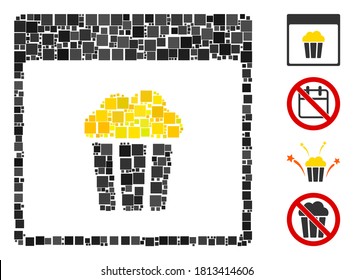Mosaic Popcorn calendar page icon organized from square items in random sizes and color hues. Vector square items are organized into abstract mosaic popcorn calendar page icon. Bonus icons are placed.