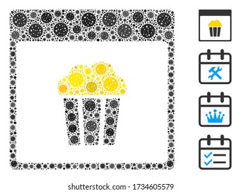 Mosaic popcorn calendar page united from covid-2019 virus icons in variable sizes and color hues. Vector infection elements are united into abstract mosaic popcorn calendar page icon.