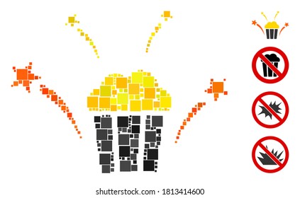 Mosaic Popcorn fireworks icon composed of square items in random sizes and color hues. Vector square items are composed into abstract mosaic popcorn fireworks icon. Bonus icons are added.
