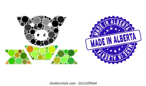 Mosaic pork award ribbon icon and rubber stamp watermark with Made in Alberta text. Mosaic vector is composed from pork award ribbon icon and with scattered spheric spots.