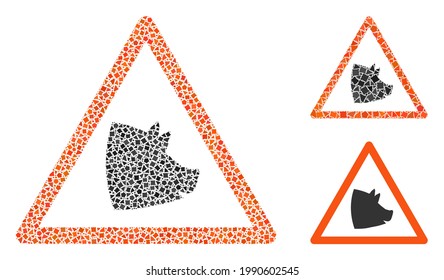 Mosaic Pork warning icon composed of tuberous parts in variable sizes, positions and proportions. Vector tuberous dots are grouped into abstract mosaic pork warning icon.