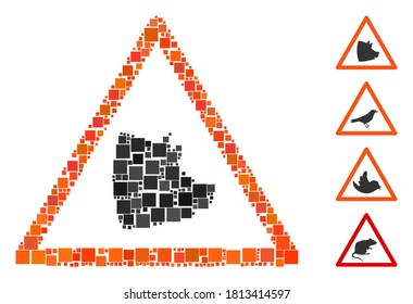 Mosaic Pork warning icon designed from square items in different sizes and color hues. Vector square items are combined into abstract mosaic pork warning icon. Bonus pictograms are added.