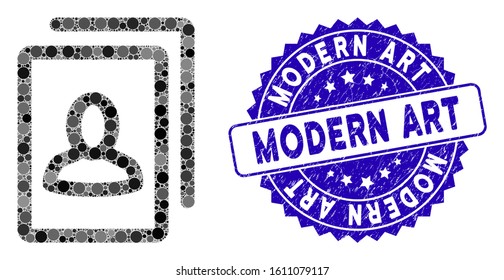 Mosaic portrait gallery icon and distressed stamp seal with Modern Art phrase. Mosaic vector is composed from portrait gallery icon and with random spheric items. Modern Art seal uses blue color,