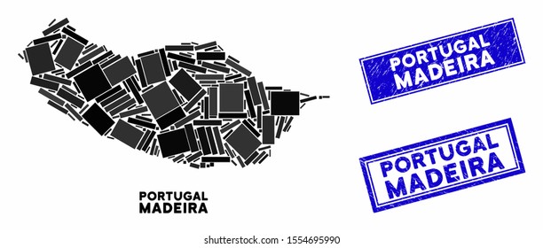 Mosaic Portugal Madeira Island map and rectangular rubber prints. Flat vector Portugal Madeira Island map mosaic of scattered rotated rectangular items. Blue caption rubber stamps with grunge texture.