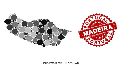 Mosaic Portugal Madeira Island map and circle watermark. Flat vector Portugal Madeira Island map mosaic of randomized circle items. Red watermark with grunged design.