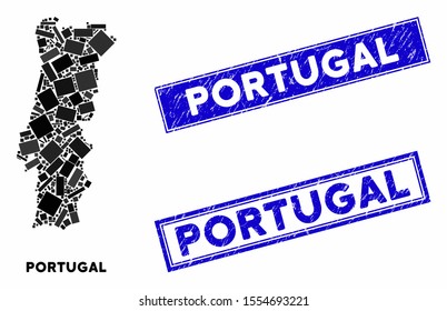 Mosaic Portugal map and rectangular seals. Flat vector Portugal map mosaic of randomized rotated rectangular elements. Blue caption seals with dirty surface.