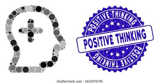Mosaic positive thinking icon and rubber stamp watermark with Positive Thinking phrase. Mosaic vector is designed with positive thinking icon and with randomized spheric items.