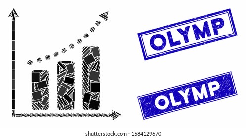 Mosaic positive trend pictogram and rectangular Olymp stamps. Flat vector positive trend mosaic pictogram of randomized rotated rectangular elements. Blue Olymp stamps with corroded texture.