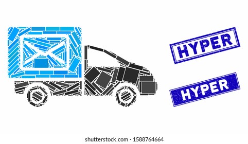 Mosaic post delivery car icon and rectangular Hyper stamps. Flat vector post delivery car mosaic icon of scattered rotated rectangular elements. Blue Hyper stamps with scratched texture.
