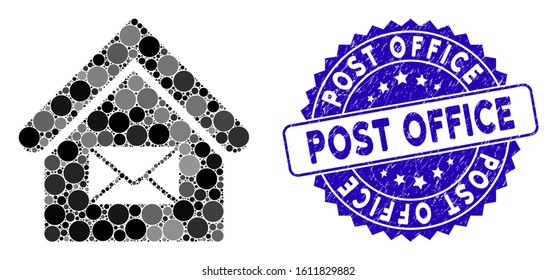 Mosaic post office icon and distressed stamp seal with Post Office text. Mosaic vector is created with post office pictogram and with randomized round elements. Post Office stamp seal uses blue color,