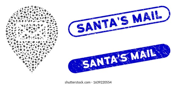 Mosaic post office marker and corroded stamp seals with Santa'S Mail phrase. Mosaic vector post office marker is created with scattered elliptic elements. Santa'S Mail stamp seals use blue color,