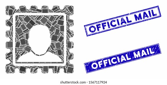 Mosaic postal mark pictogram and rectangle watermarks. Flat vector postal mark mosaic pictogram of random rotated rectangular elements. Blue caption watermarks with rubber surface.